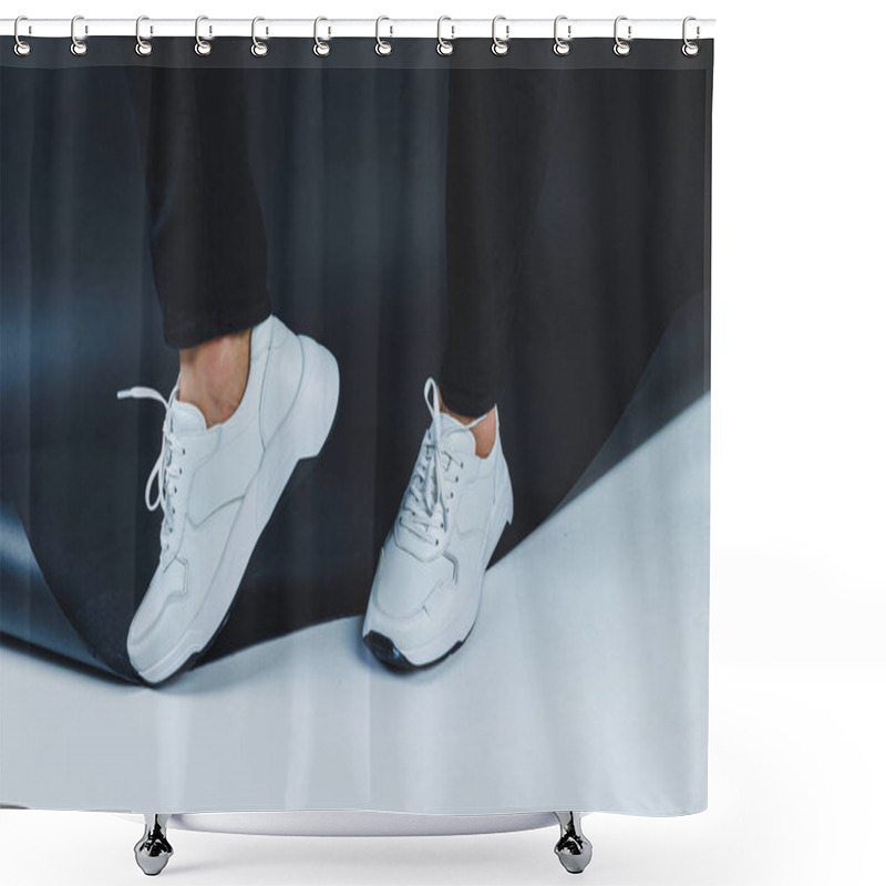 Personality  Men's Casual White Shoes Made Of Genuine Leather, Men On Shoes In White Sneakers. High Quality Photo Shower Curtains