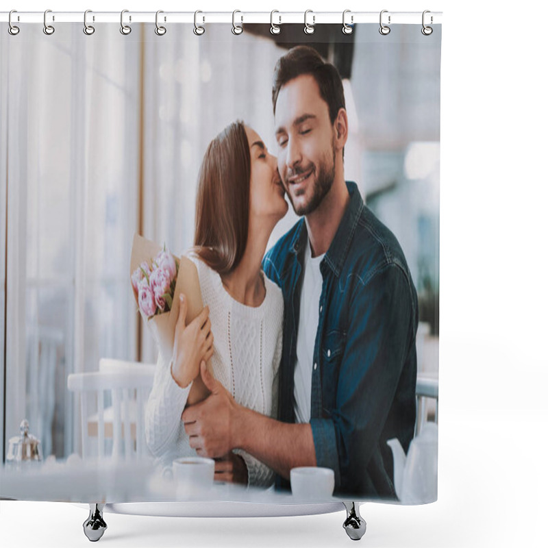 Personality  8 March Celebration. Gift.Happy People. Flowers Bunch. Boyfriend. Romantic Relationship. Sweet Relationship. Together In Cafe. Drink Tea. Eat Cakes. In Love. Cuple. Boy Gift Flowers. Valentines Day. Shower Curtains