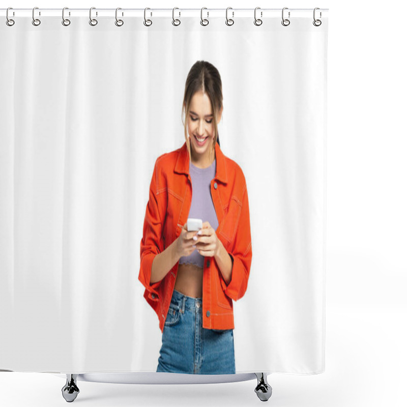 Personality  Happy Young Woman In Crop Top And Orange Shirt Using Smartphone Isolated On White Shower Curtains