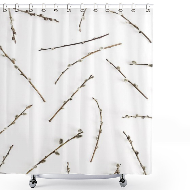 Personality  Willow Branches Pattern On White Background. Flat Lay, Top View. Shower Curtains