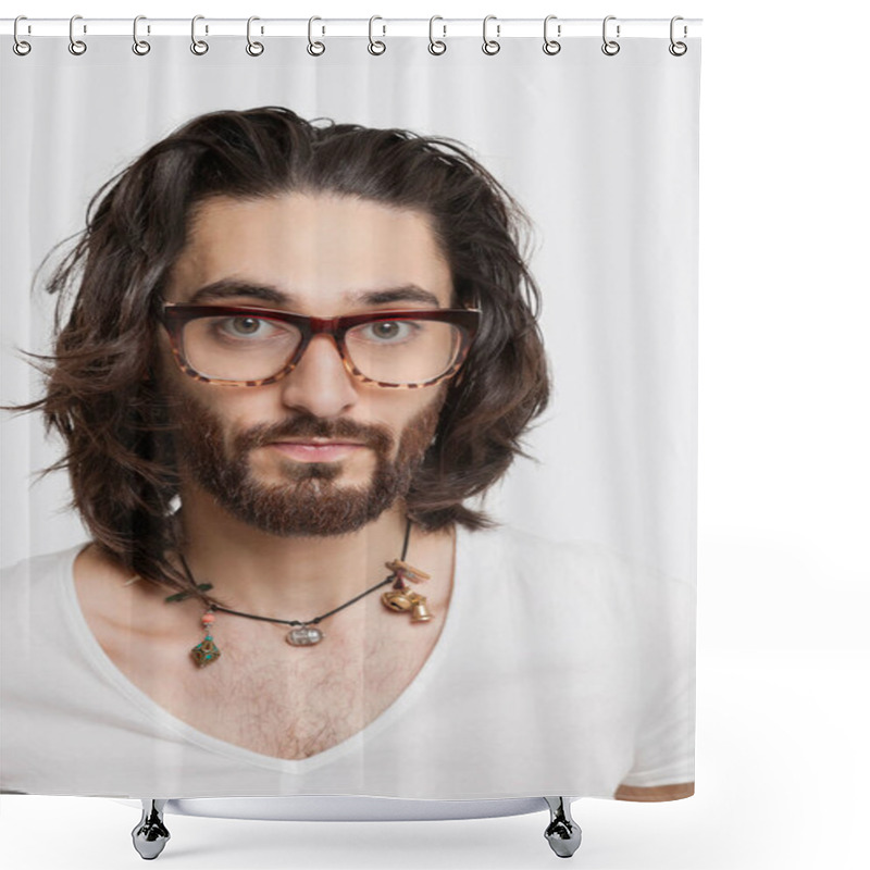 Personality  Portrait Of Young Man In White T-shirt Wearing Eyeglasses Against White Background Shower Curtains