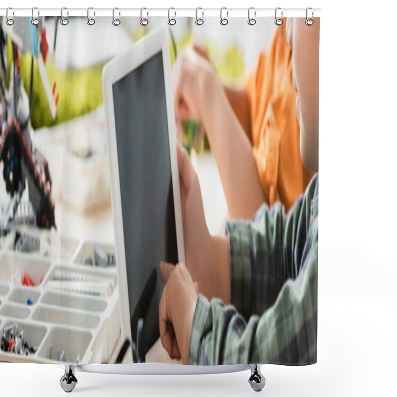 Personality  Horizontal Crop Of Schoolboy Using Digital Tablet Near Friend And Robot On Table In School  Shower Curtains