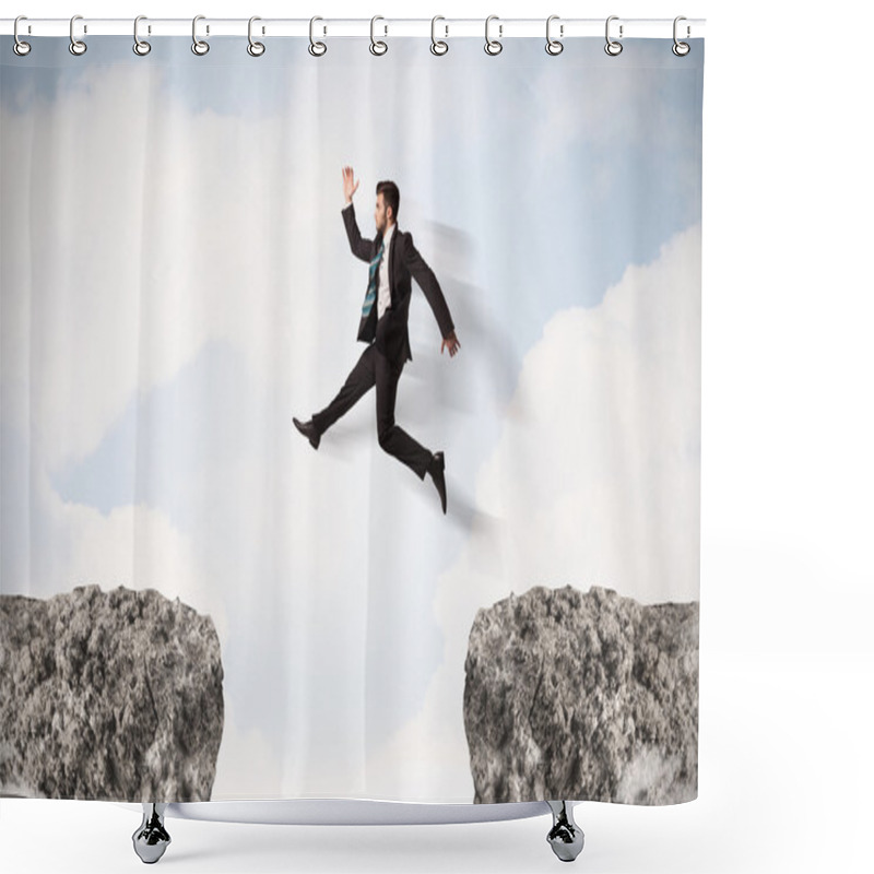 Personality  Funny Business Man Jumping Over Rocks With Gap Shower Curtains