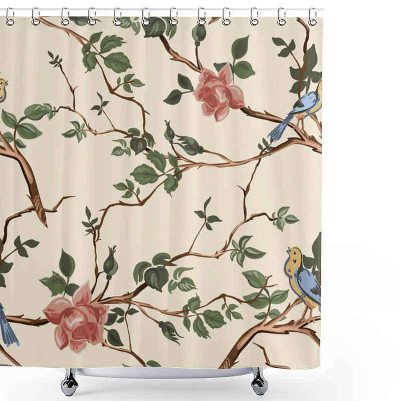 Personality  Rose Blossom Branches With Bird Seamless Pattern Shower Curtains