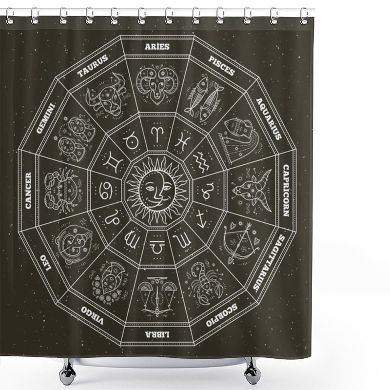 Personality  Astrology Symbols And Mystic Signs. Zodiac Circle With Horoscope Signs. Thin Line Vector Design. Shower Curtains