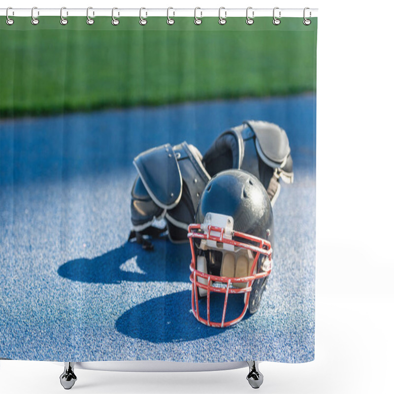 Personality  American Football Helmet With Chest Protection Lying On Blue Rubbery Surface At Stadium Shower Curtains