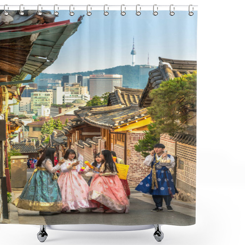 Personality  SEOUL - SOUTH KOREA - AUG 10, 2017 : A Couple Women Wander Through The Traditional Style Houses Of Bukchon Hanok Village In Seoul, South Korea. Shower Curtains