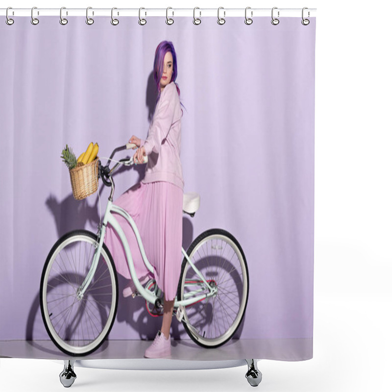 Personality  Side View Of Young Woman In Pink Clothing On Bicycle With Pineapple And Bananas In Basket Shower Curtains