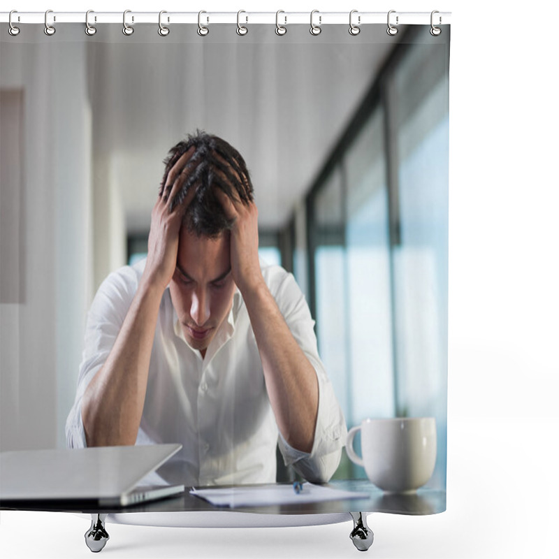 Personality  Frustrated Young Business Man Working On Laptop Computer At Home Shower Curtains