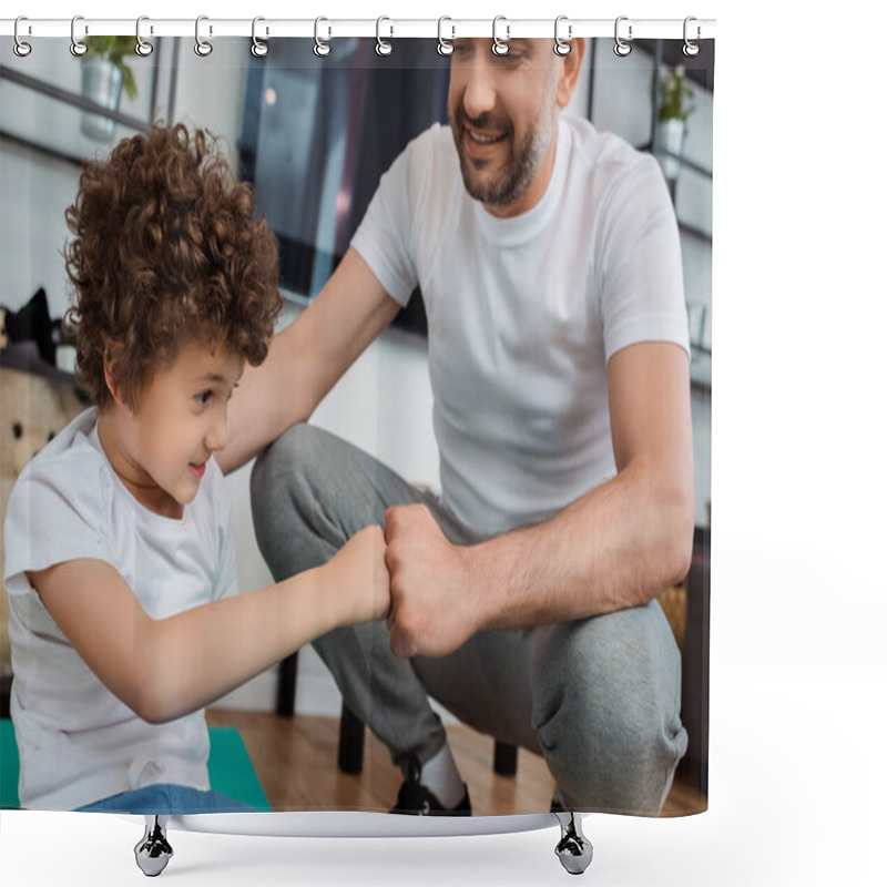 Personality  Cheerful Father Bumping Fists With Smiling Son At Home Shower Curtains