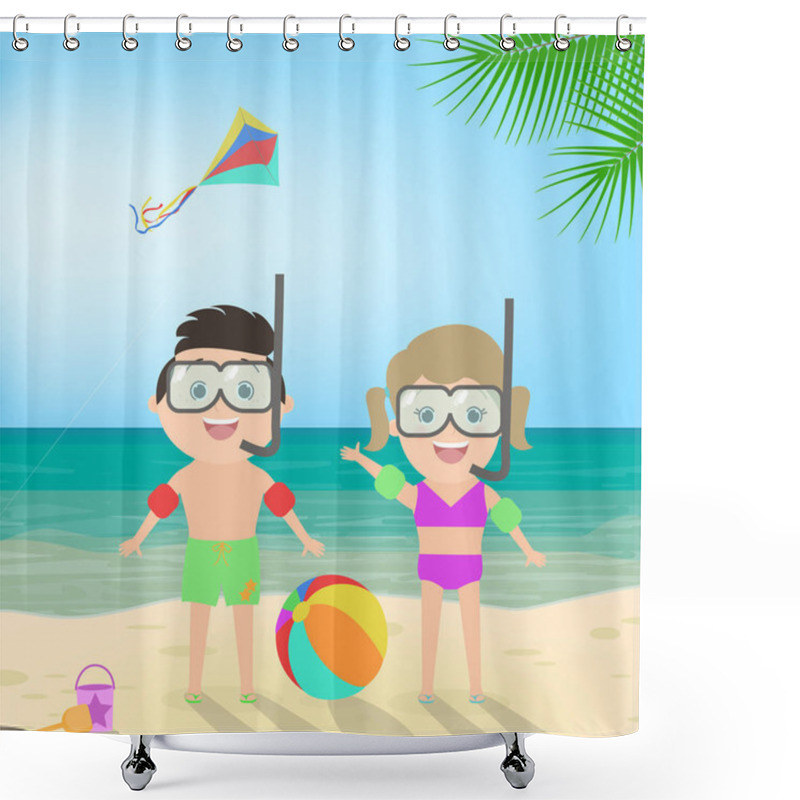 Personality  Summer Beach Holiday. Boy And Girl In Scuba Mask At The Beach. Diving. Sea Landscape, Vector Cartoon Shower Curtains