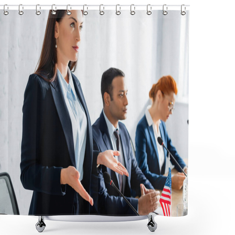 Personality  Confident Female Politician Gesturing And Looking Away In Boardroom On Blurred Background Shower Curtains