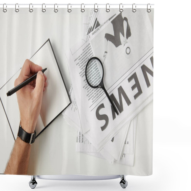 Personality  Partial Top View Of Person Writing In Blank Notebook And Magnifying Glass On Newspapers On Grey Shower Curtains