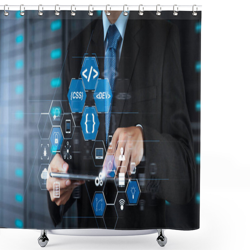 Personality  Coding Software Developer Work With Augmented Reality Dashboard Computer Icons Of Scrum Agile Development And Code Fork And Versioning With Responsive Cybersecurity.businessman Hand Using Tablet Computer. Shower Curtains