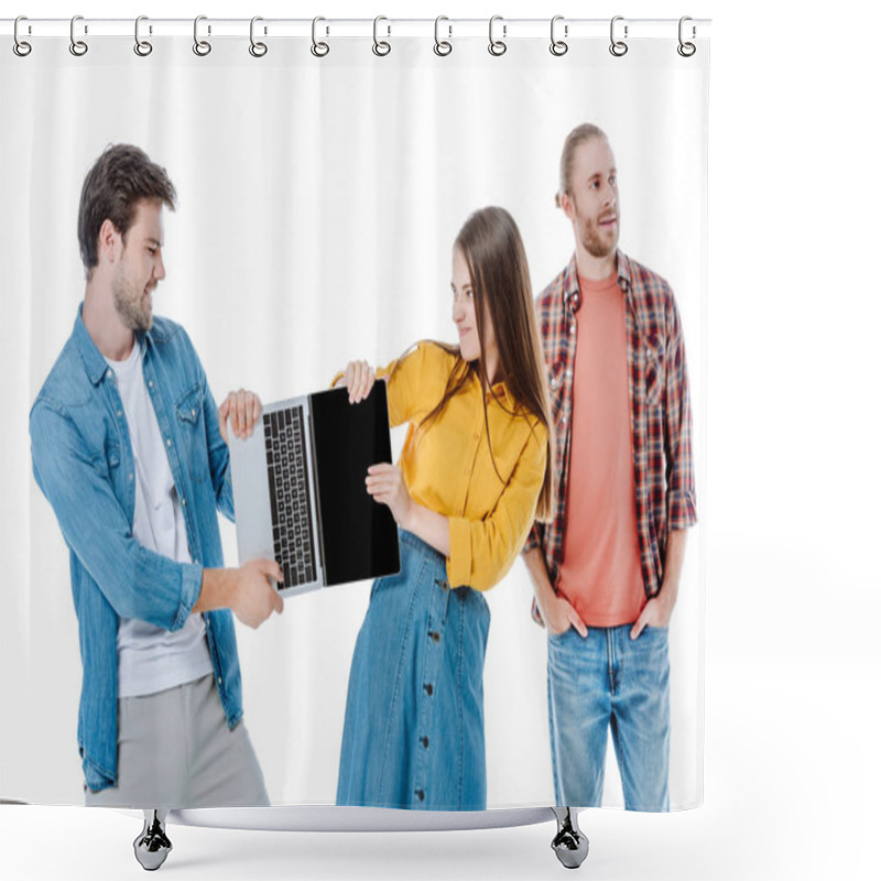 Personality  Angry Couple Sharing Laptop Near Friend Isolated On White Shower Curtains