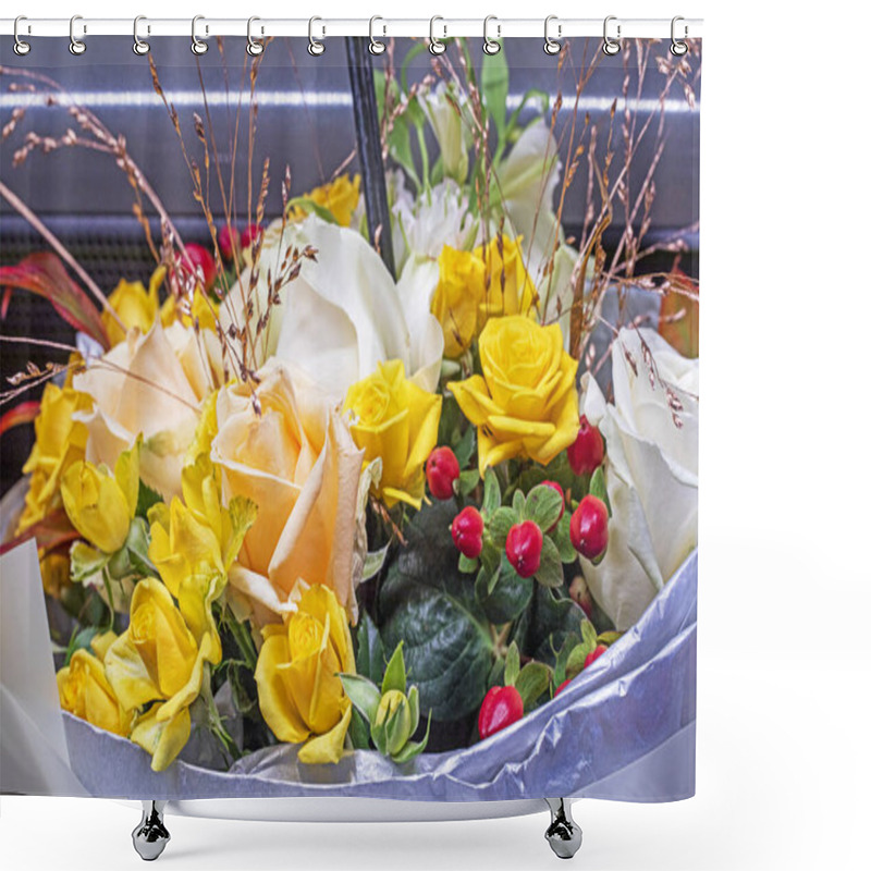 Personality  Delicate Bouquet Of Yellow Blossoming Roses And Chrysanthemums. Women's Day Shower Curtains