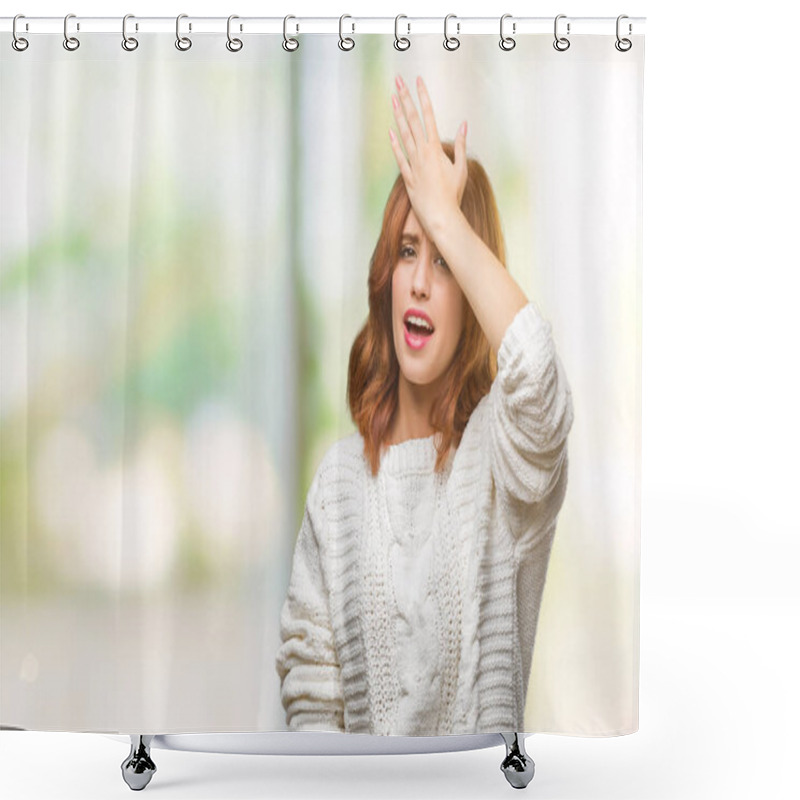 Personality  Young Beautiful Woman Over Isolated Background Wearing Winter Sweater Surprised With Hand On Head For Mistake, Remember Error. Forgot, Bad Memory Concept. Shower Curtains