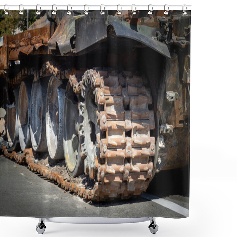 Personality  Fragment Of Caterpillar Wheels Of An Old Tank Destroyed By An Explosion During The War In Ukraine With Russia Shower Curtains