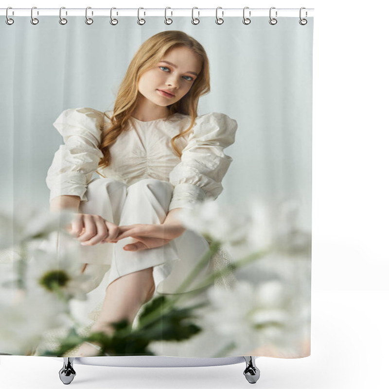 Personality  A Beautiful Young Woman Sits Gracefully With Soft Flowers Nearby. Shower Curtains