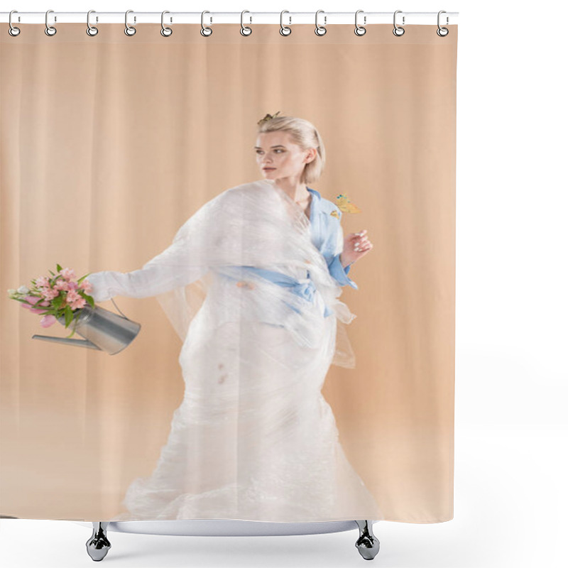 Personality  Beautiful Girl Wrapped In Polyethylene Holding Watering Can With Flowers And Standing In Eco Clothing Isolated On Beige, Environmental Saving Concept  Shower Curtains