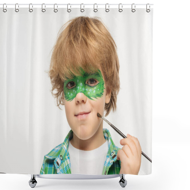 Personality  Cute Boy With Gecko Mask Painted On Face Touching Cheek With Paintbrush Isolated On White Shower Curtains