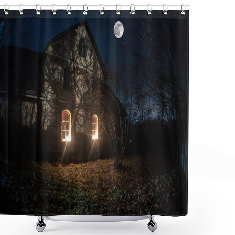 Personality  Old House With A Ghost In The Forest At Night Or Abandoned Haunted Horror House In Fog. Old Mystic Building In Dead Tree Forest. Trees At Night With Moon. Surreal Lights. Horror Halloween Concept Shower Curtains