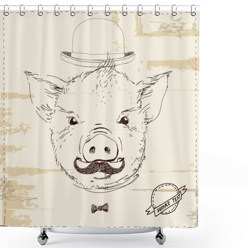 Personality  Hipster Pig With Mustache And Hat Shower Curtains