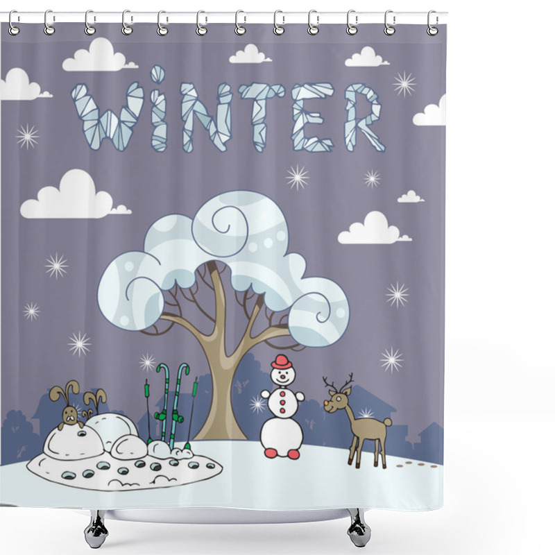 Personality  Vector Illustration With Winter Landscape Shower Curtains