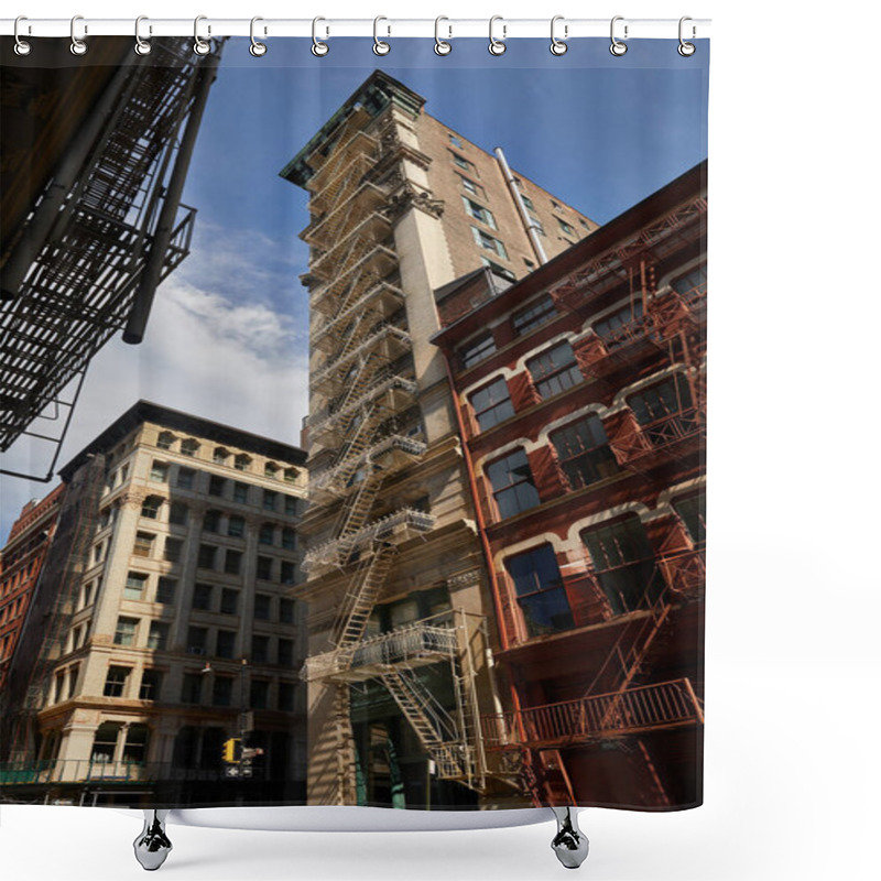 Personality  Low Angle View Of Tall Building With Fire Escape Stairs On Avenue Of Autumnal New York City Shower Curtains