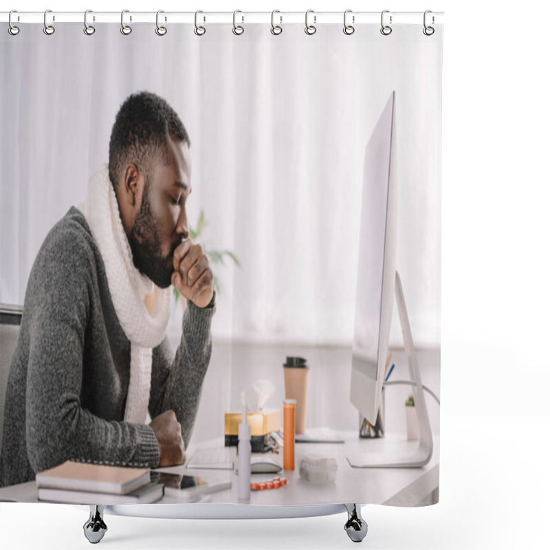 Personality  Diseased African American Businessman Coughing At Workspace With Medicines Shower Curtains