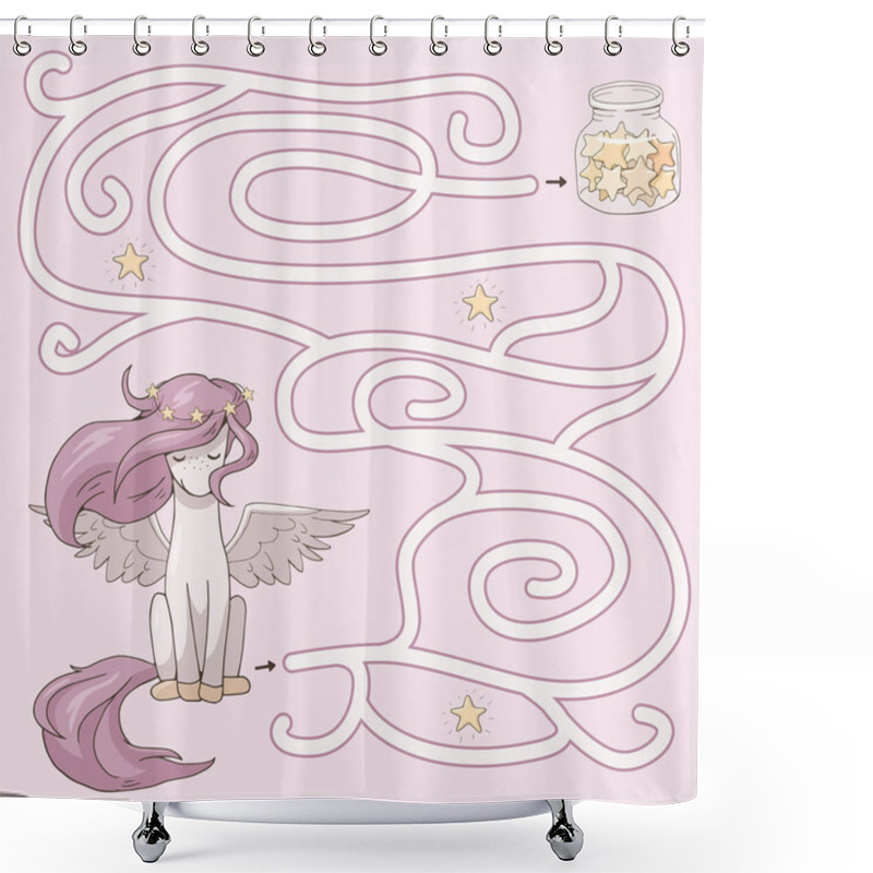 Personality  Labyrinth. Maze Game For Kids. Help Cute Cartoon Pegasus  Find Path To A Glass Jar With Stars. Fantasy Vector Illustration. Light Pink And Yellow Pastel Colors. Shower Curtains