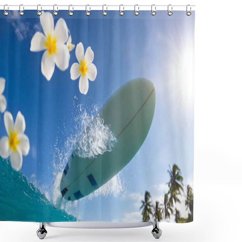 Personality  A Surfboard Floating Upright In The Air With Tropical Flowers And Sunlight Beams In The Background. Shower Curtains