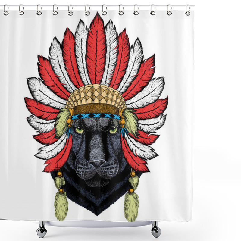 Personality  Black Panther, Puma. Head Of Animal. Wild Cat Portrait. Indian Headdress With Feathers. Boho Style. Shower Curtains