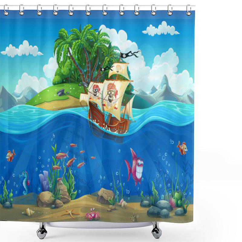 Personality  Piirate Ship On Background Of Tropical Island Shower Curtains