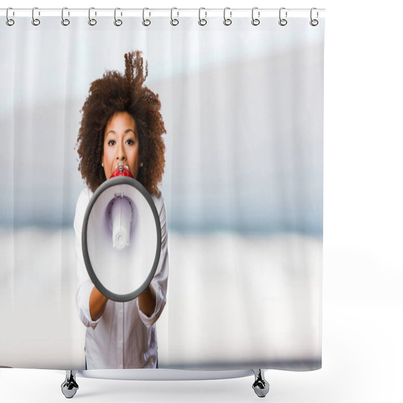 Personality  Young Black Woman Shouting On The Megaphone On Blurred Background Shower Curtains