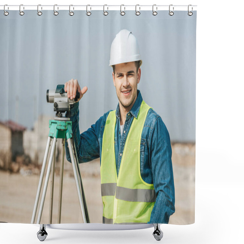 Personality  Smiling Surveyor With Digital Level Looking At Camera Shower Curtains