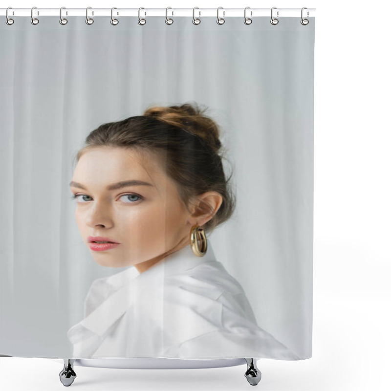 Personality  Portrait Of Stylish Woman With Natural Makeup Looking At Camera Isolated On Grey Shower Curtains