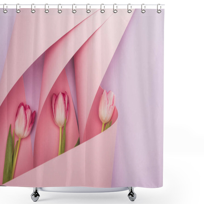 Personality  Top View Of Tulips In Pink Paper Swirls On Violet Background Shower Curtains