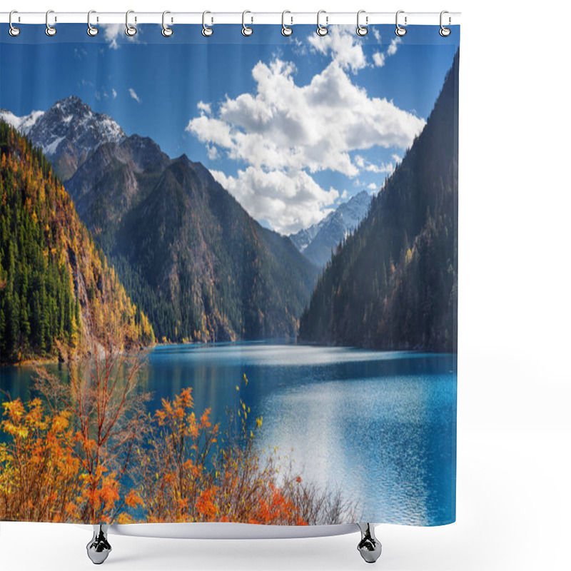 Personality  Amazing View Of The Long Lake Among Mountains And Fall Woods Shower Curtains