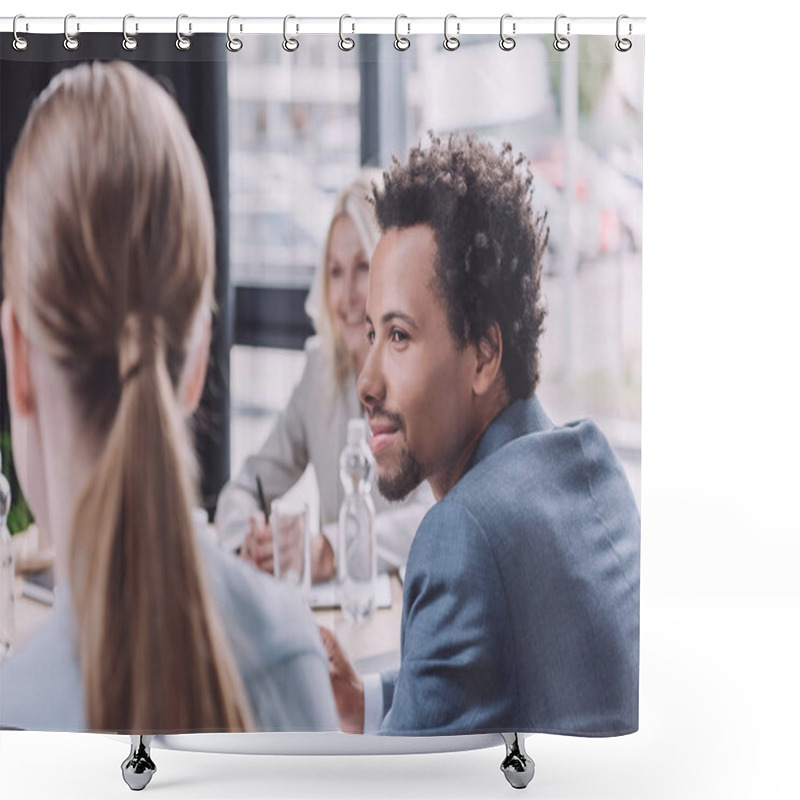 Personality  Selective Focus Of Young African American Businessman Looking At Colleague During Business Meeting Shower Curtains