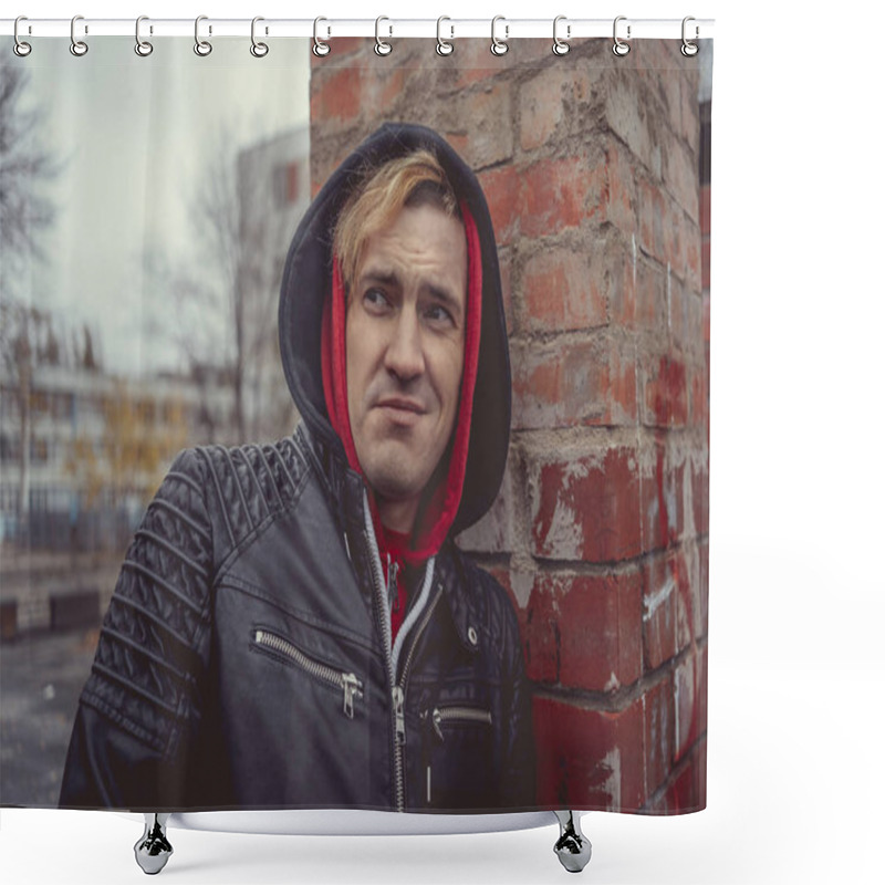 Personality  A Young Guy In A Leather Jacket Walking On The Street. Emotional Portrait. A Man Walks In The Fresh Air. Street Style Clothes For A City Walk. Wallpapers For The Clothing Catalog. Shower Curtains