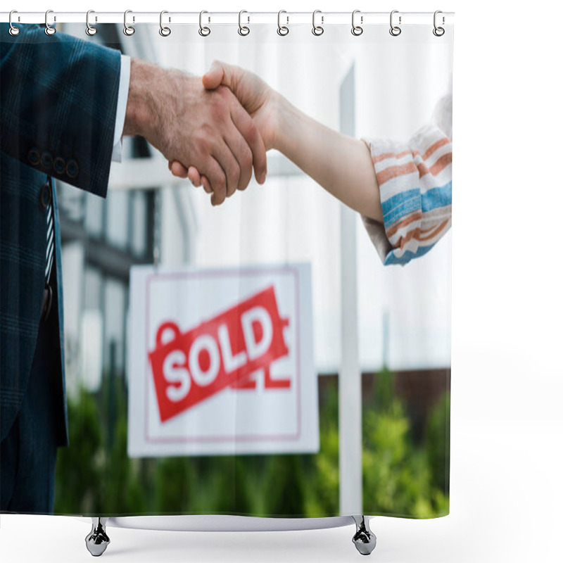 Personality  Selective Focus Of Broker And Woman Shaking Hands Near Board With Sold Letters  Shower Curtains