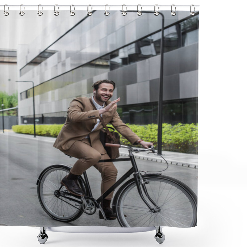 Personality  Full Length Of Cheerful Businessman In Earphones Riding Bicycle And Waving Hand Near Building And Plants  Shower Curtains