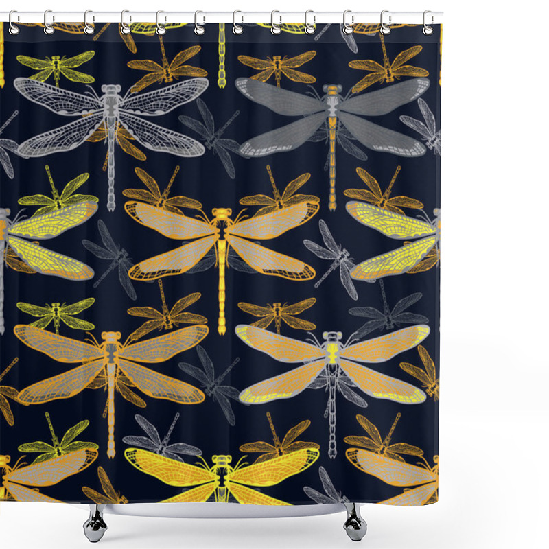 Personality  Hand Drawn Stylized Dragonflies Seamless Pattern For Girls, Boys, Clothes. Creative Background With Insect. Funny Wallpaper For Textile And Fabric. Fashion Style. Colorful Bright Shower Curtains