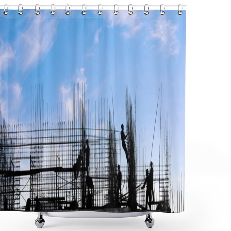 Personality  Workers On The Building Silhouettes On Against Blue Sky. Construction Industry And Building Under Construction Theme Shower Curtains