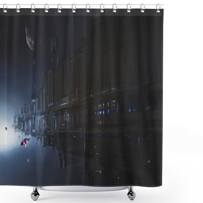 Personality  A Spaceship Hovering In The Universe, Digital Painting. Shower Curtains