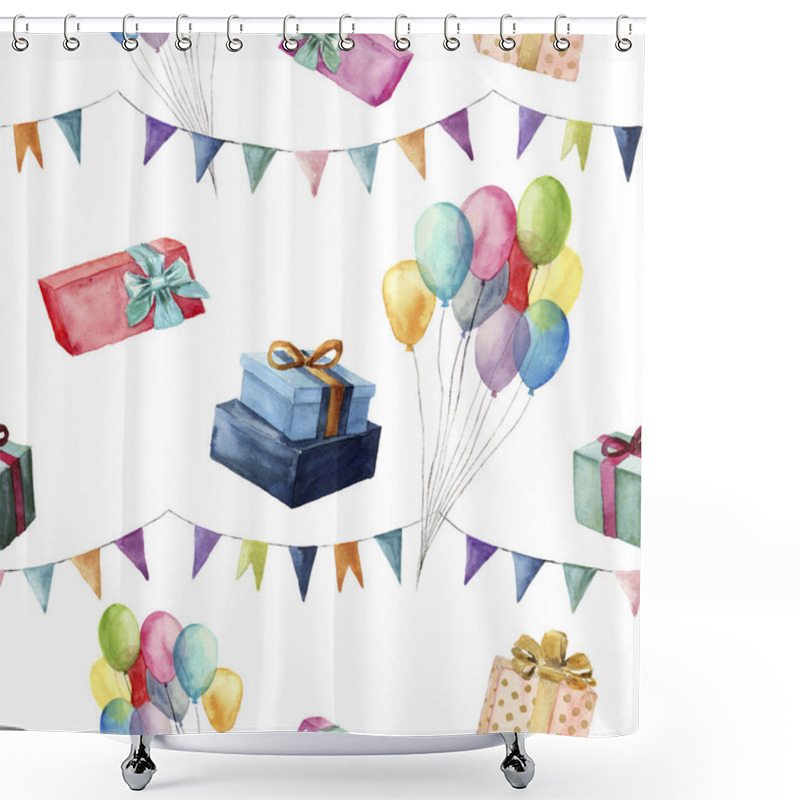 Personality  Watercolor Seamless Pattern With Party Elements. Hand Painted Collection With Gift Boxes, Air Balloon And Flag Garlands Isolated On White Background. For Design, Print Or Fabric. Shower Curtains