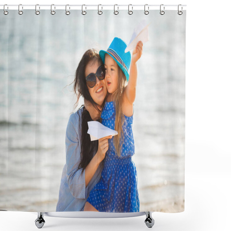 Personality  Young Mother With Daughter Playing With Paper Planes On Beach Shower Curtains