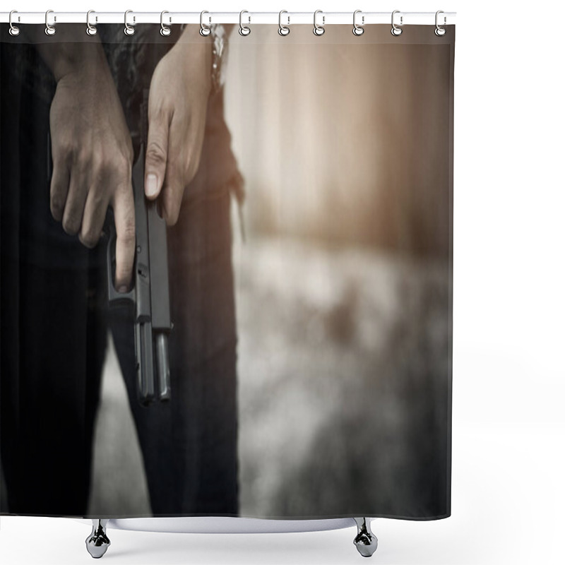 Personality  Robber Holding Gun For Ready To Murder Steal Moneys At Abandoned Building. Selective Focus. Criminality And Social Issues Concept. Dark And Low Key Tone Tone Pinterest And Instragram Like Process. Shower Curtains