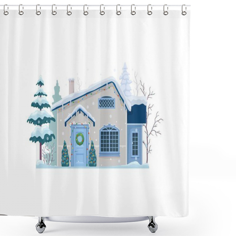 Personality  Isolated Christmas Winter House Building Exterior With Snowy Roof. Xmas Festive Village Home Cartoon Vector Exterior, Christmas House Snowy Facade Or Winter Holiday Town Cottage Outdoor Scene Shower Curtains